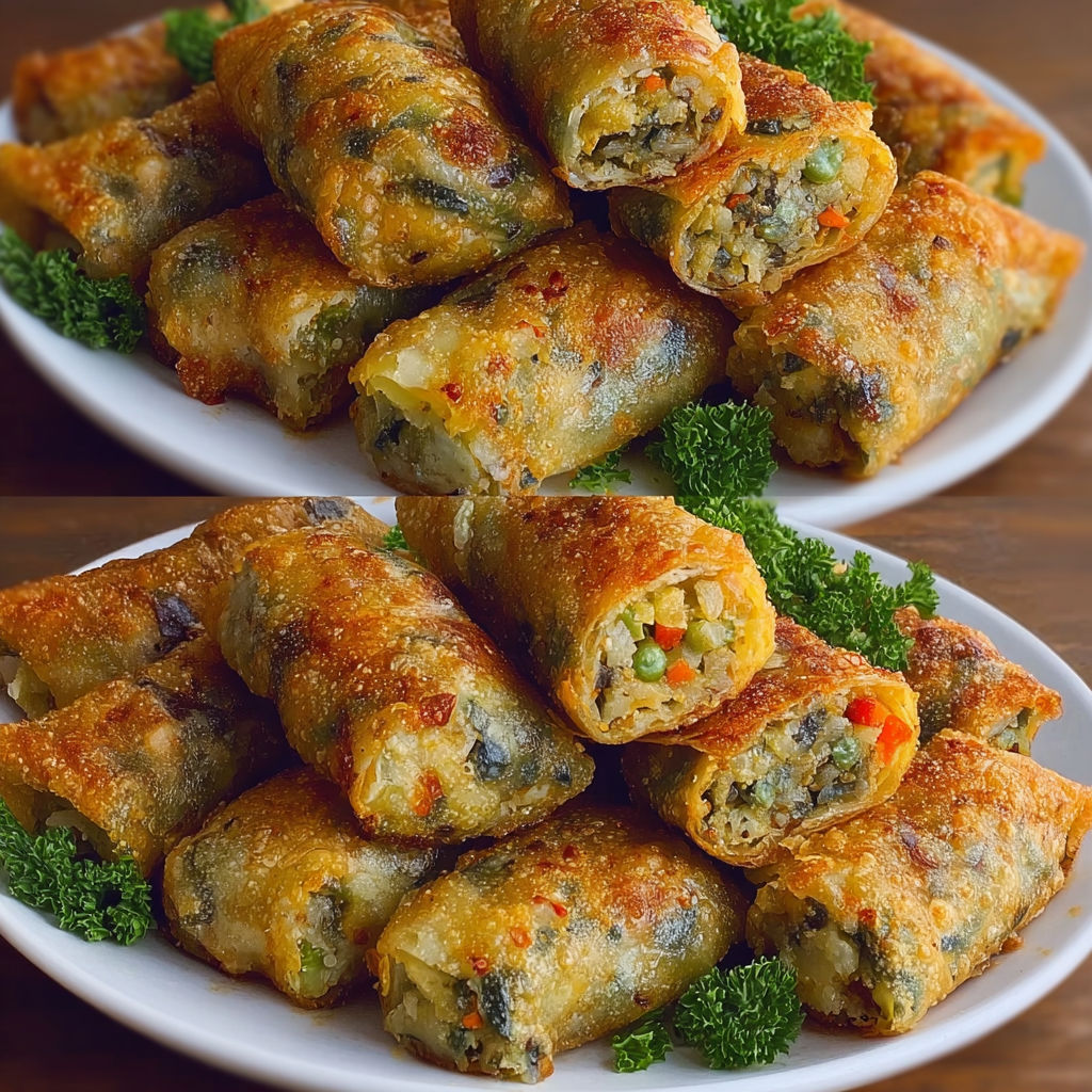 Des briouates dorées et croquantes remplies de légumes, posées sur un plateau avec des carottes et du poivron.