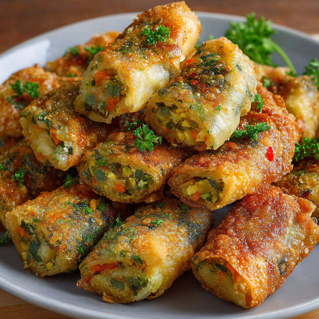 Des triangles de briouates croustillants aux légumes servis à table.