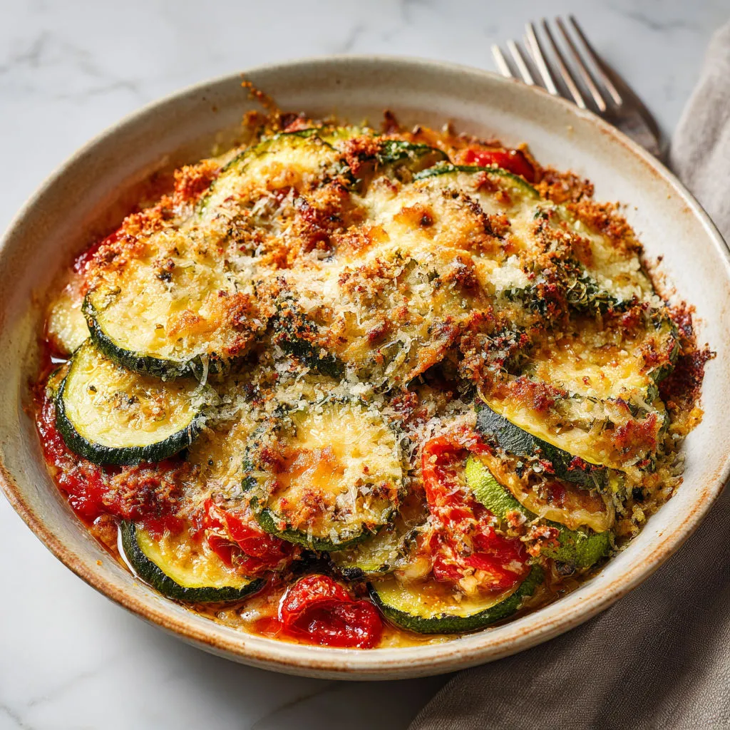 Un plat gratiné à la courgette et tomate, dans un bol en céramique.