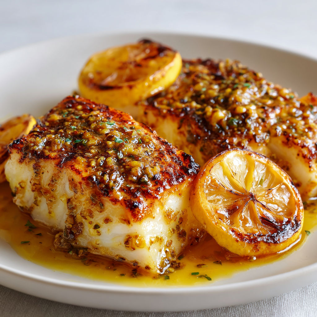 Filets de poisson nappés de sauce avec citrons et herbes.