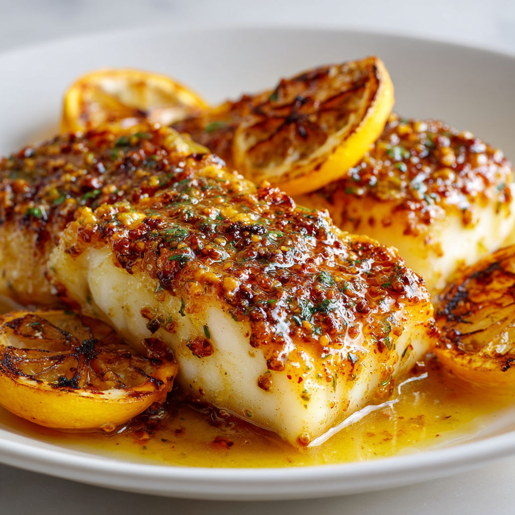 Poisson doré avec citrons et herbes fraîches, nappé d’une sauce brillante.