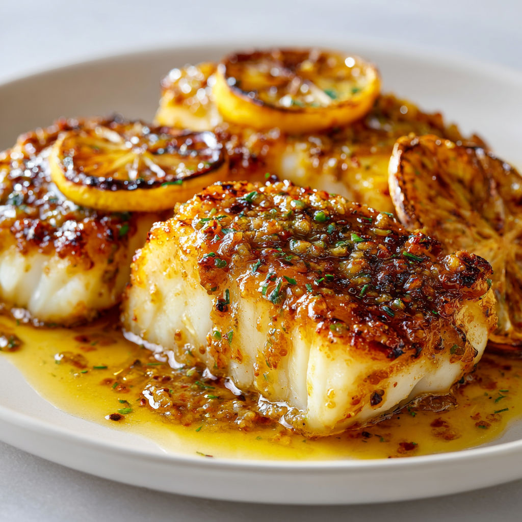 Poisson croustillant aux citrons grillés et herbes fraîches en poêle.