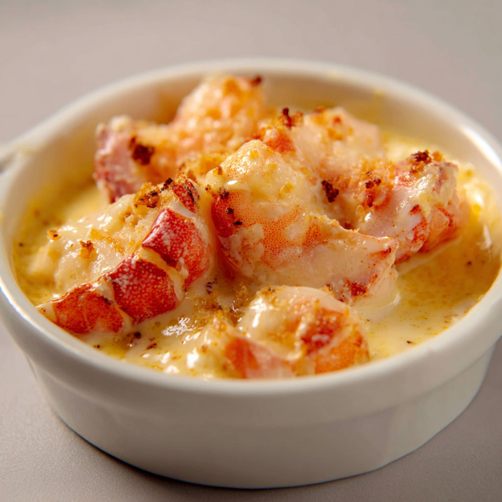 Une cassolette de langoustes flambées au cognac dans un bol.