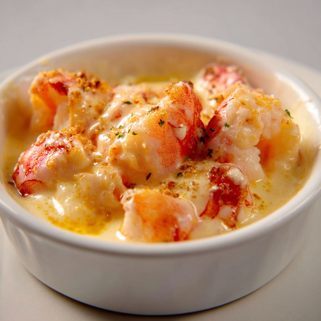 Une soupe de langoustines avec des croûtons dans un bol.