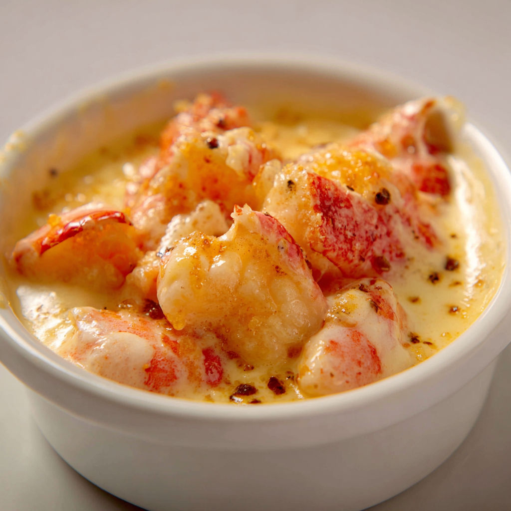 Une soupe de langoustines et crème dans un bol.