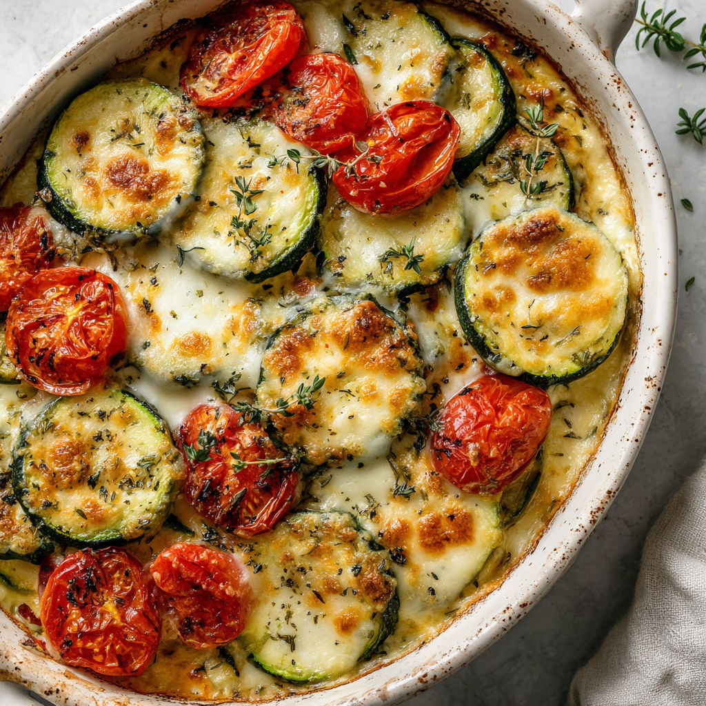 Gratin moelleux aux courgettes, mozzarella et tomates servi dans un plat rustique.