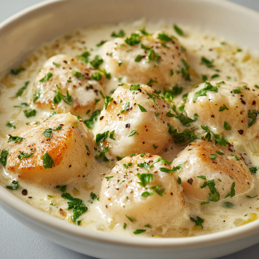Un bol de coquilles Saint-Jacques bien crémeuses avec herbes fraîches.
