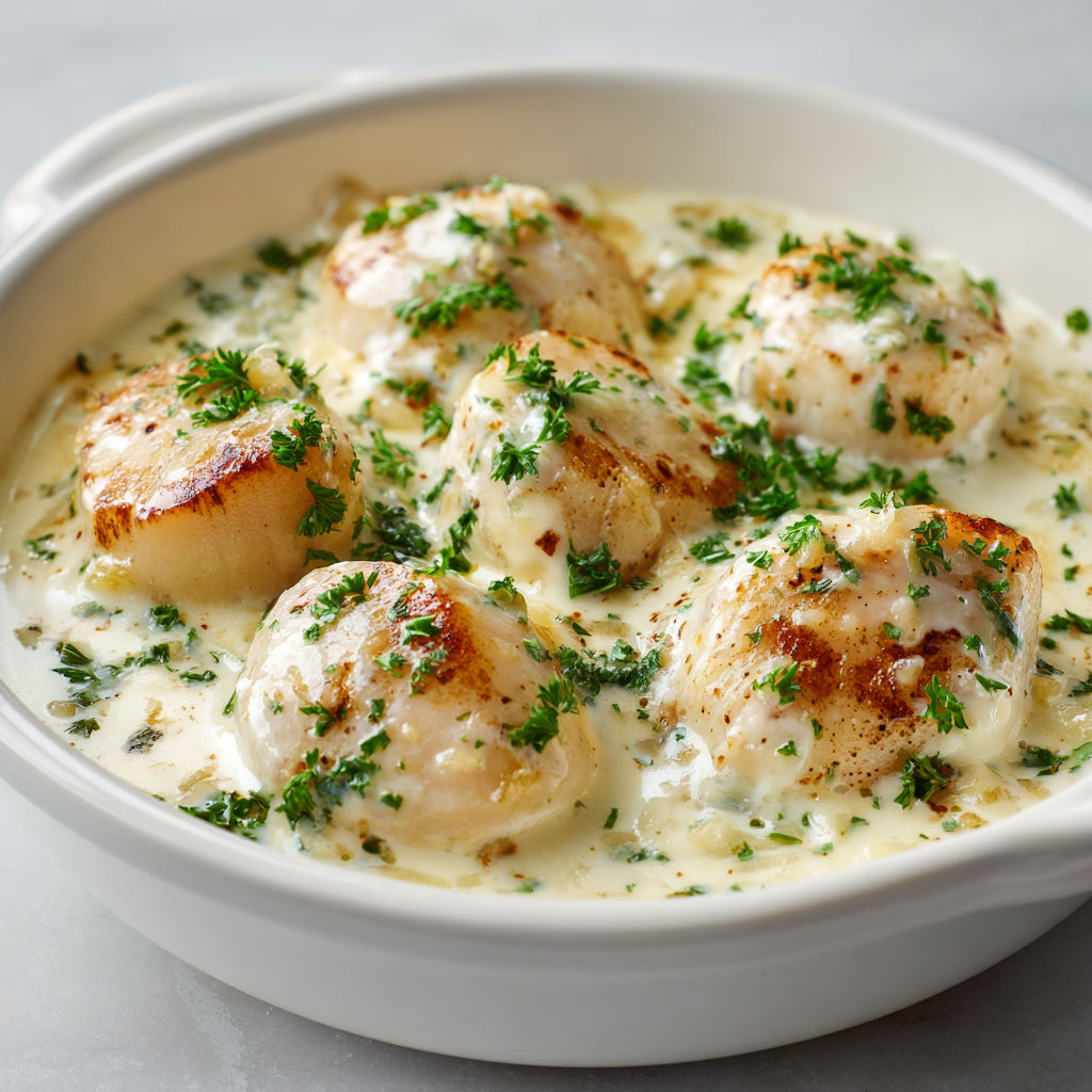 Une cassolette de Saint-Jacques avec un bouquet d’herbes et légumes colorés.