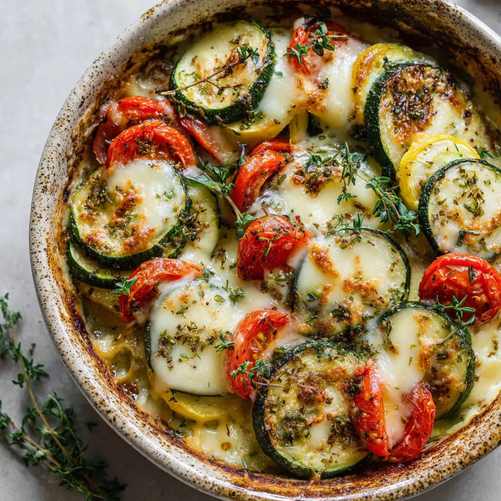 Une pizza gourmande maison avec courgettes, tomates, herbes et fromage.