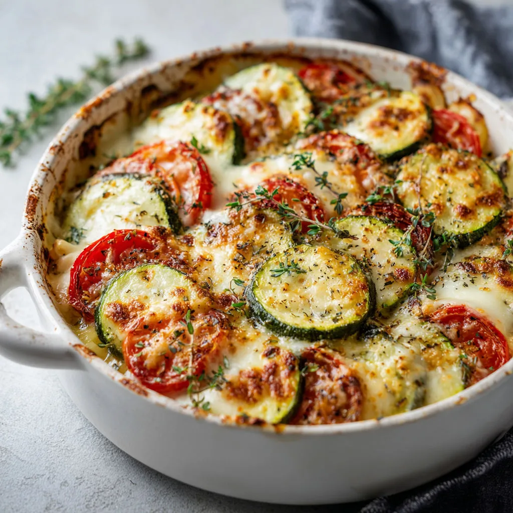 Un plat de courgettes et tomates gratinées, servi dans un joli bol.
