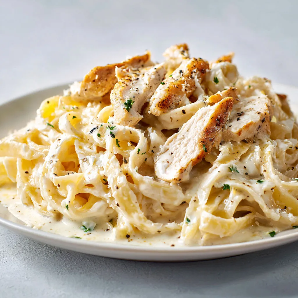 Un plat de spaghetti avec morceaux de poulet et herbes.