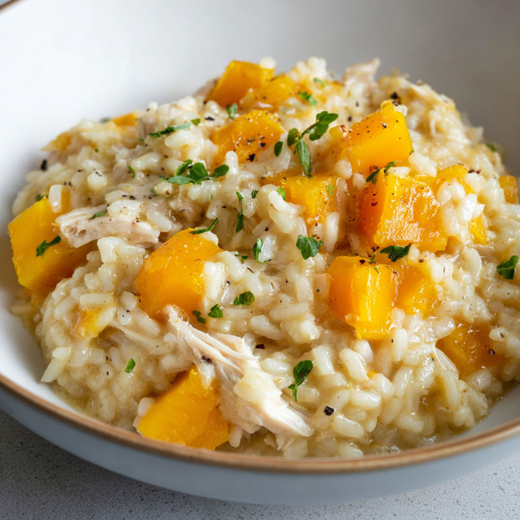 Un délicieux risotto au poulet agrémenté de courge butternut et cheddar, présenté dans un magnifique bol.