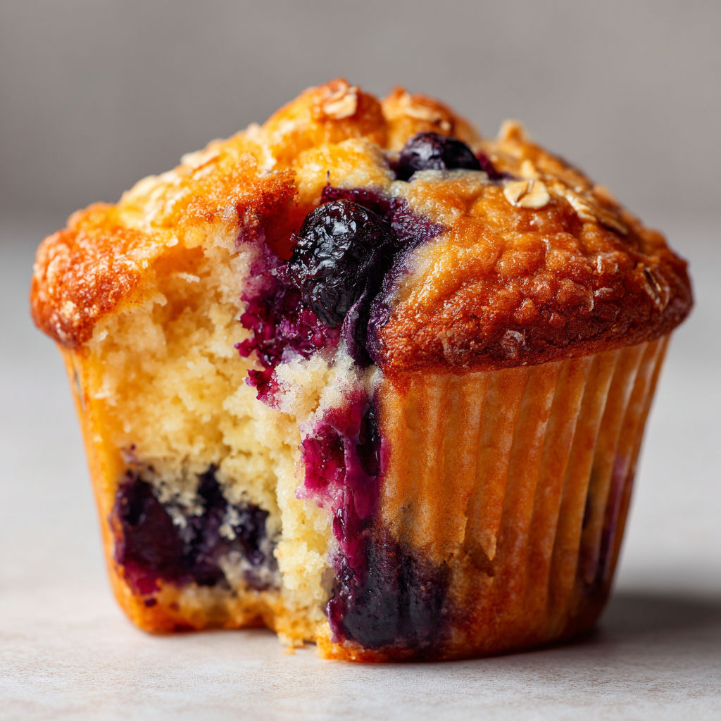Un moelleux aux bleuets coupé avec du beurre fondu visible.