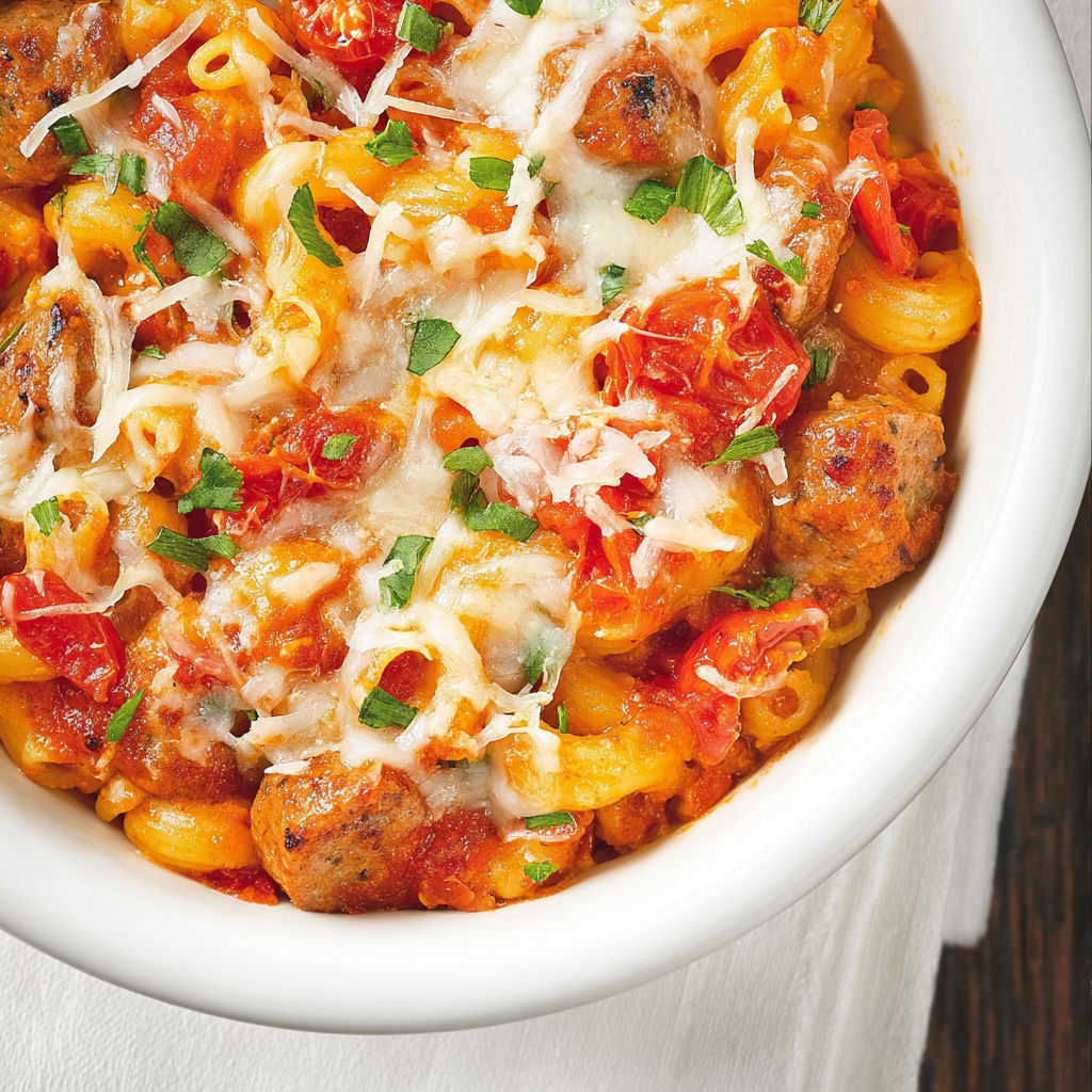 Plat de macaroni nappé de sauce tomate et plein de morceaux de viande.