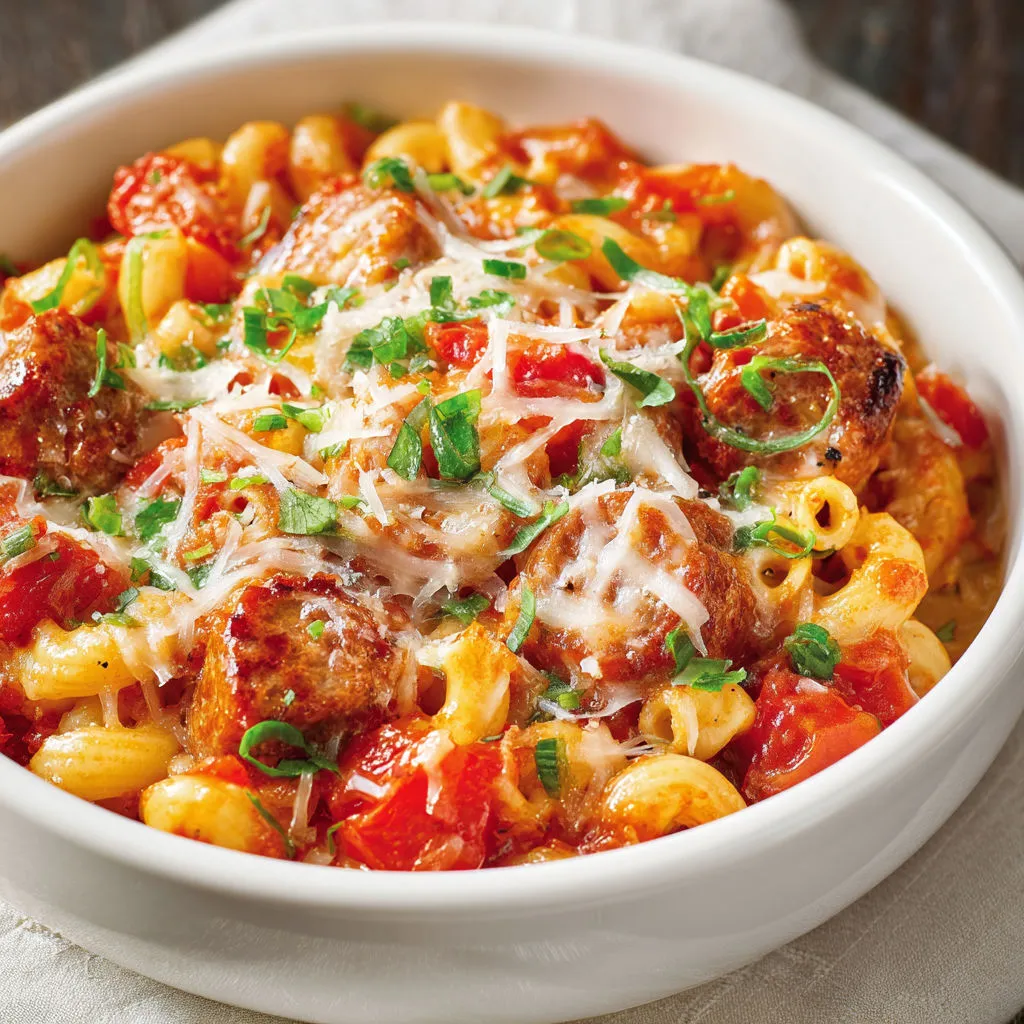 Plat de macaroni nappé de sauce tomate et plein de morceaux de viande.