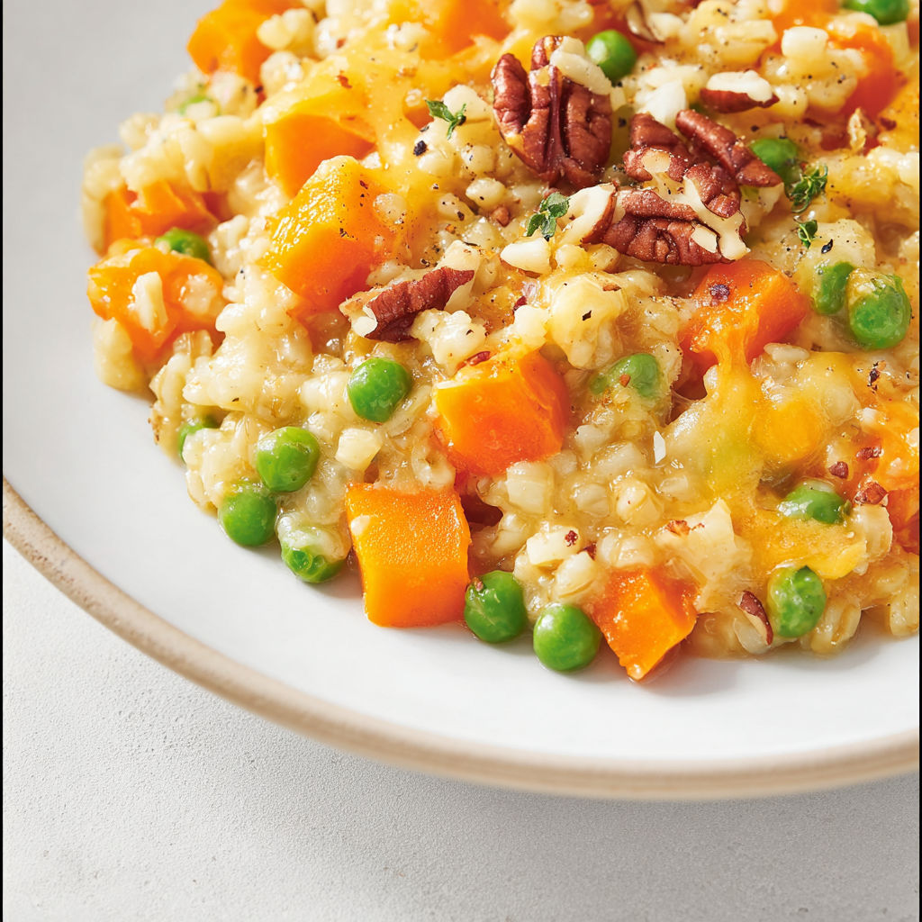 Plat d’orge perlé aux légumes, cheddar, carottes et petits pois, gratiné et coloré.
