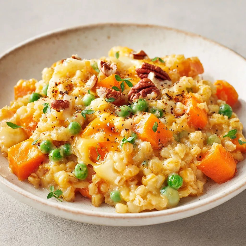 Bol d’orge crémeux aux légumes et cheddar, carottes et petits pois, posé sur une table.