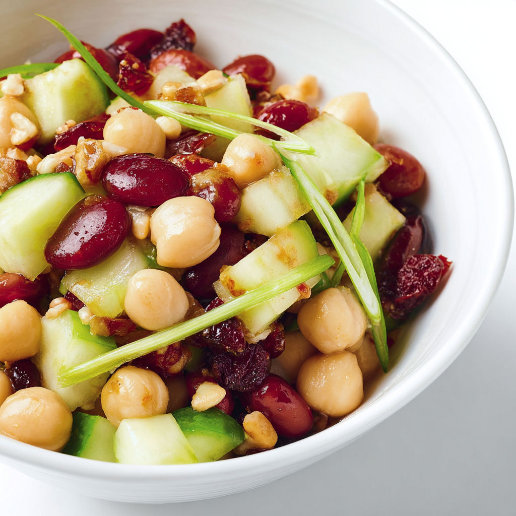 Salade pleine de légumes et fruits, avec pois chiches, tomates cerises, concombres, raisins, noix et épinards, servie dans un saladier blanc.
