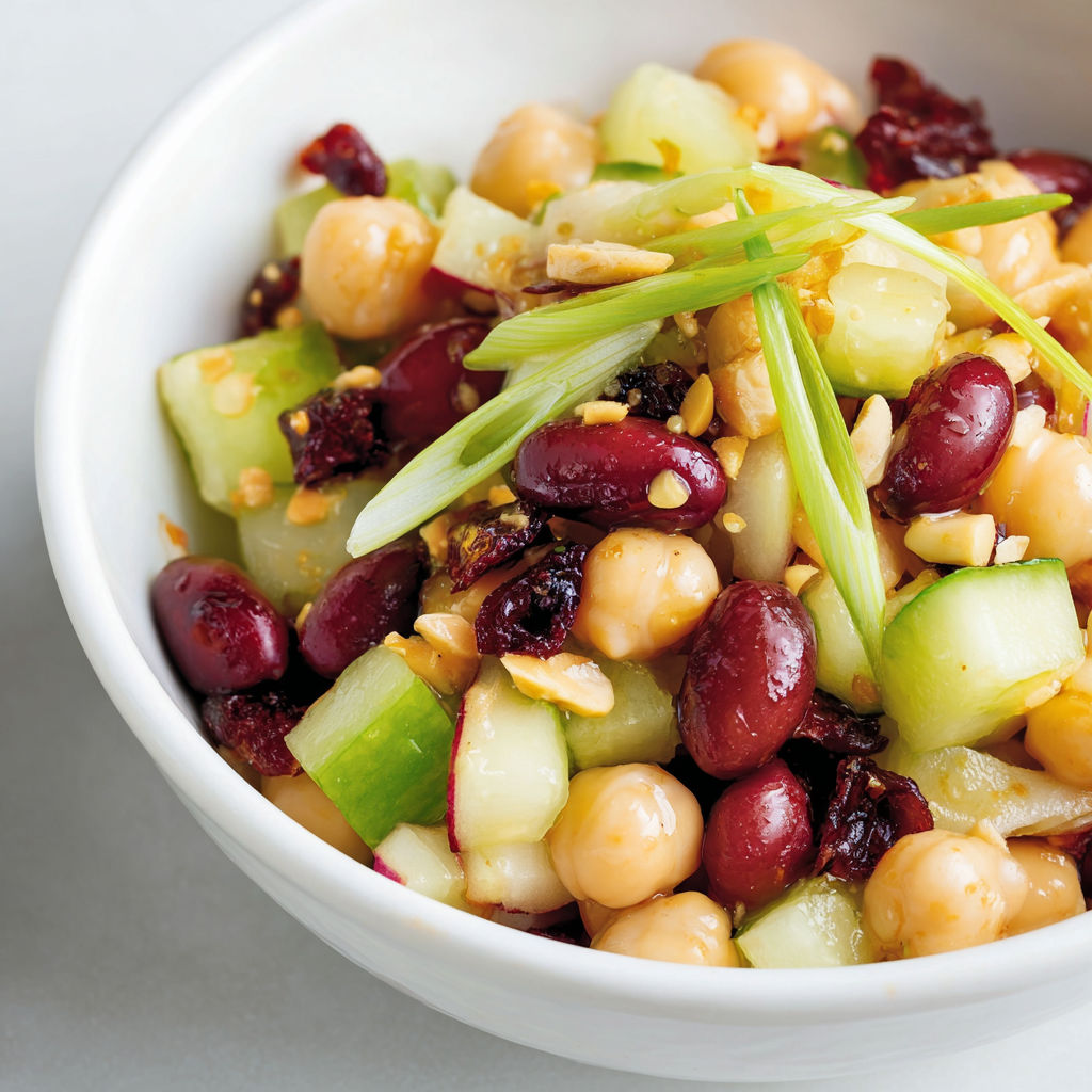 Salade avec pois chiches, concombres, tomates cerises et raisins secs, dans une assiette blanche.