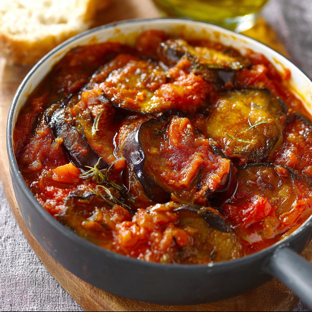 Un plat d’aubergines fondantes en sauce tomate servi sur une table.