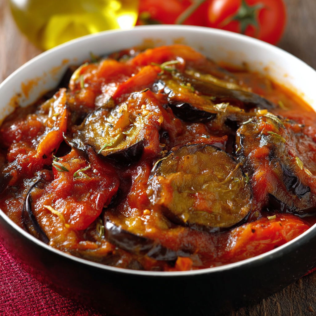 Un bol en verre plein de raviolis tomates aubergines.