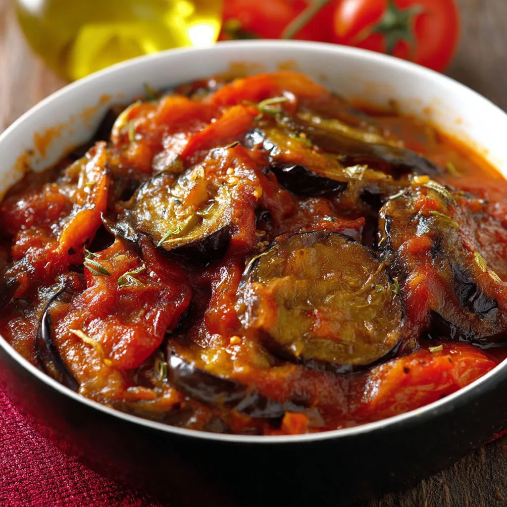 Un bol en verre plein de raviolis tomates aubergines.