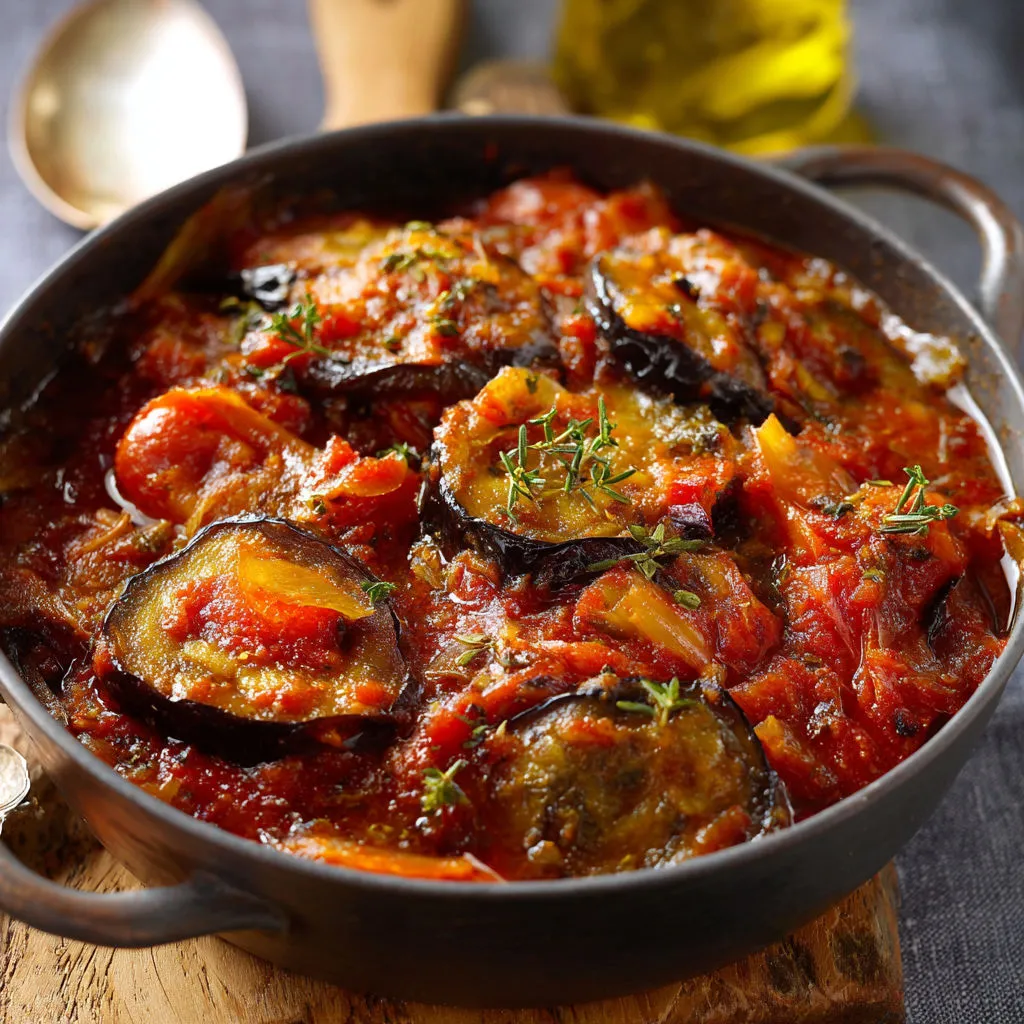 Bol en métal rempli d’aubergines à la sauce tomate.