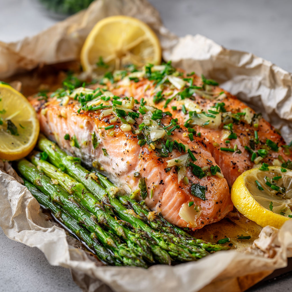 Un poisson doré au four avec légumes verts et citrons.