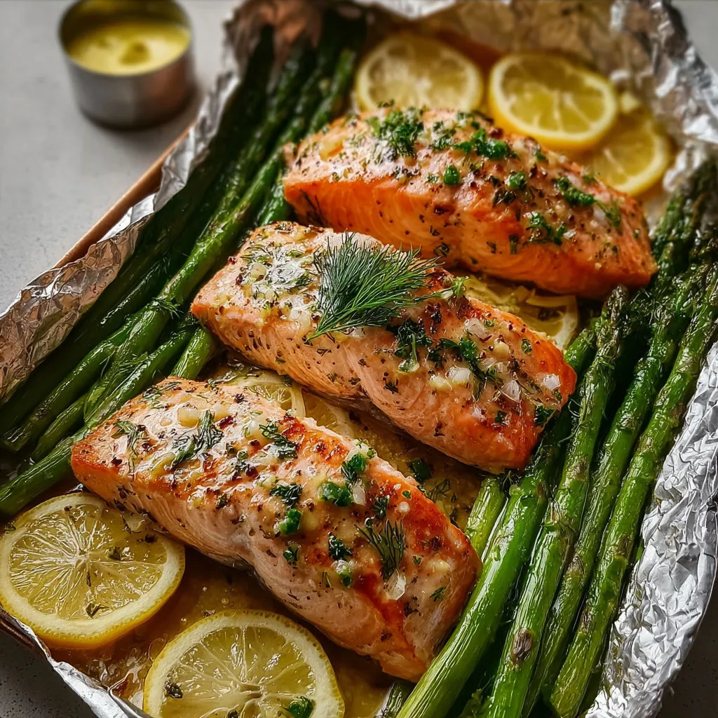 Saumon doré au four avec légumes verts et citrons.