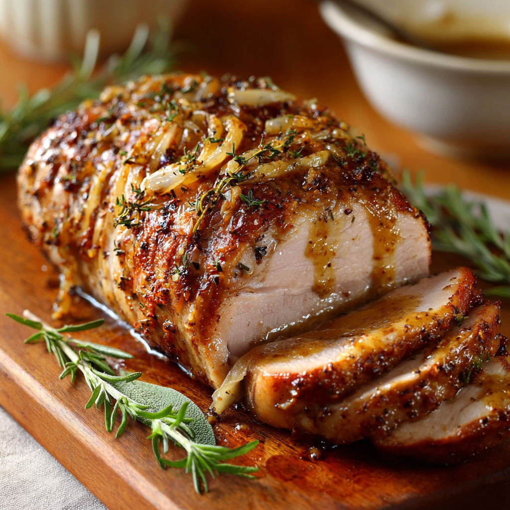 Porc rôti doré avec des herbes fraîches et une sauce moutarde au miel.