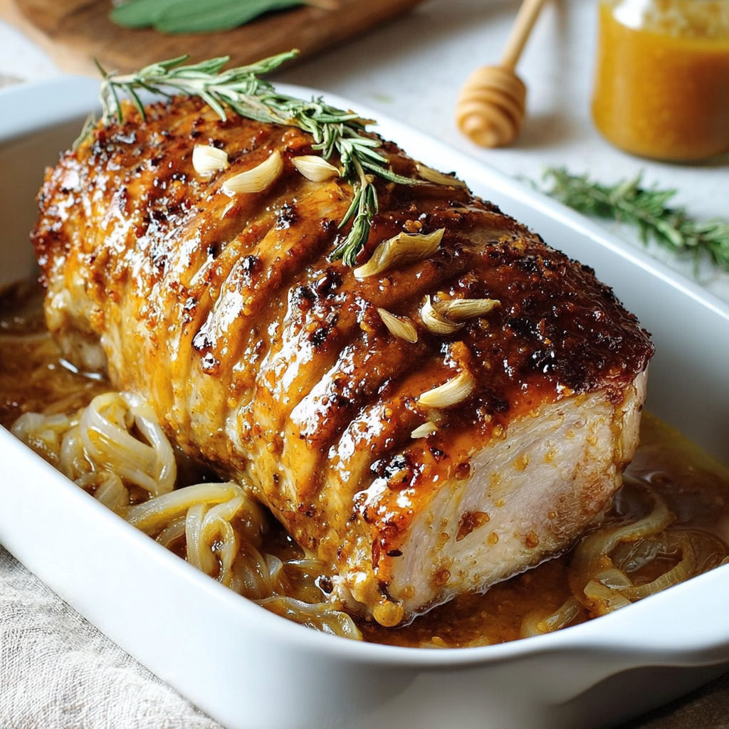 Un plat appétissant de porc doré avec des herbes fraîches et quelques noix, nappé d’une sauce miellée.