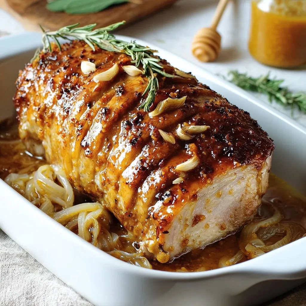 Un plat appétissant de porc doré avec des herbes fraîches et quelques noix, nappé d’une sauce miellée.