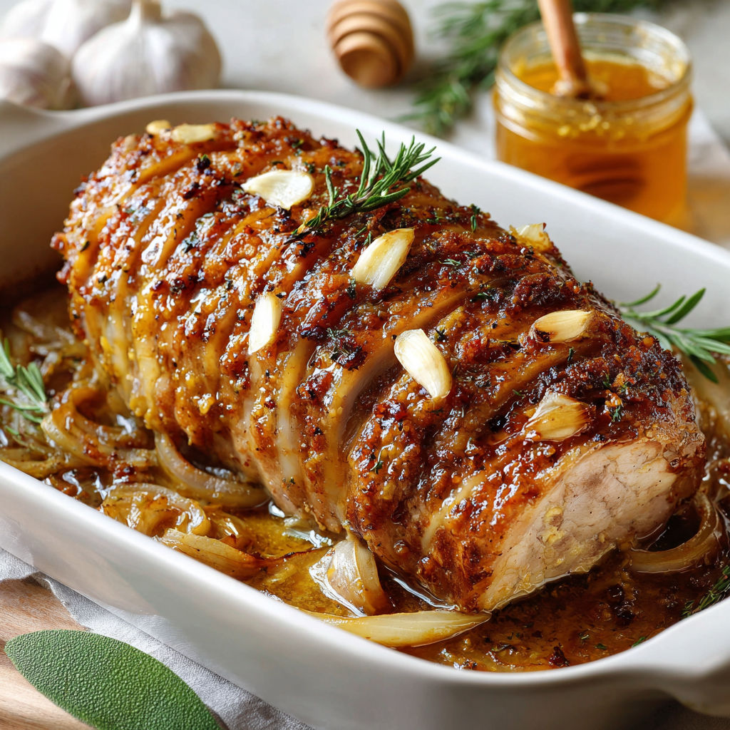 Une viande de porc dorée, herbes fraîches et noix de cassis à côté, le tout bien appétissant.