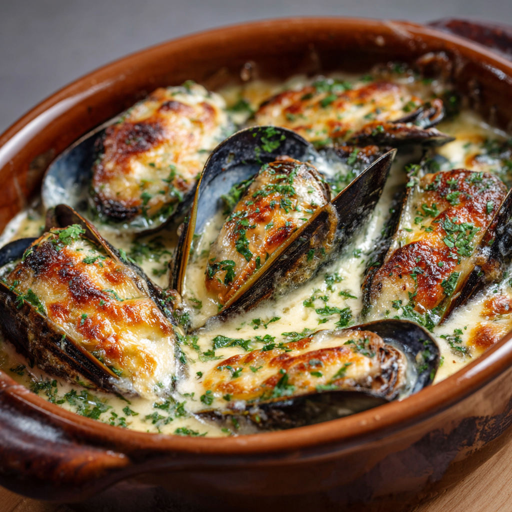 Moules gratinées en sauce crémeuse au Comté dans un plat rustique.