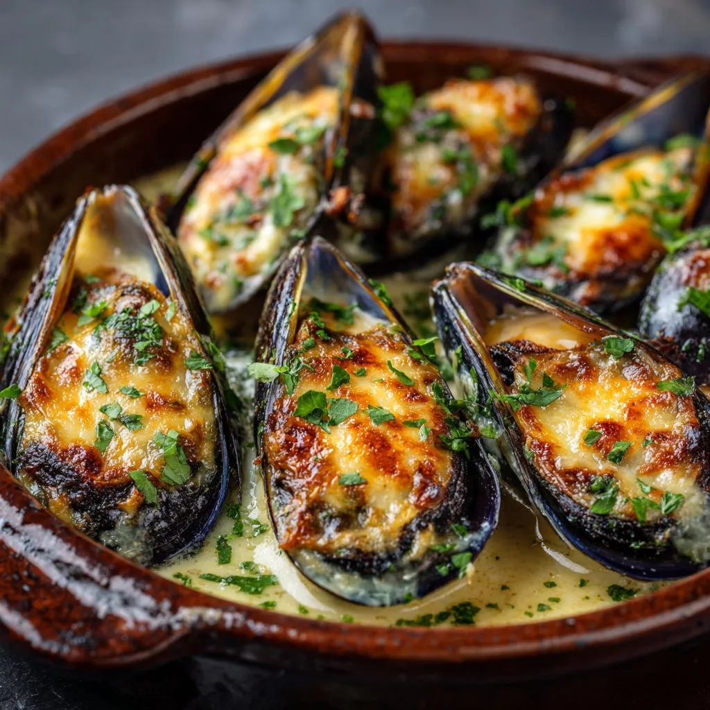 Un plat de moules gratinées à la crème et au fromage, parsemé d’herbes fraîches.