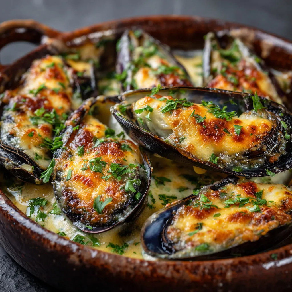 Des moules gratinées fromagères servies dans une cocotte en terre cuite.