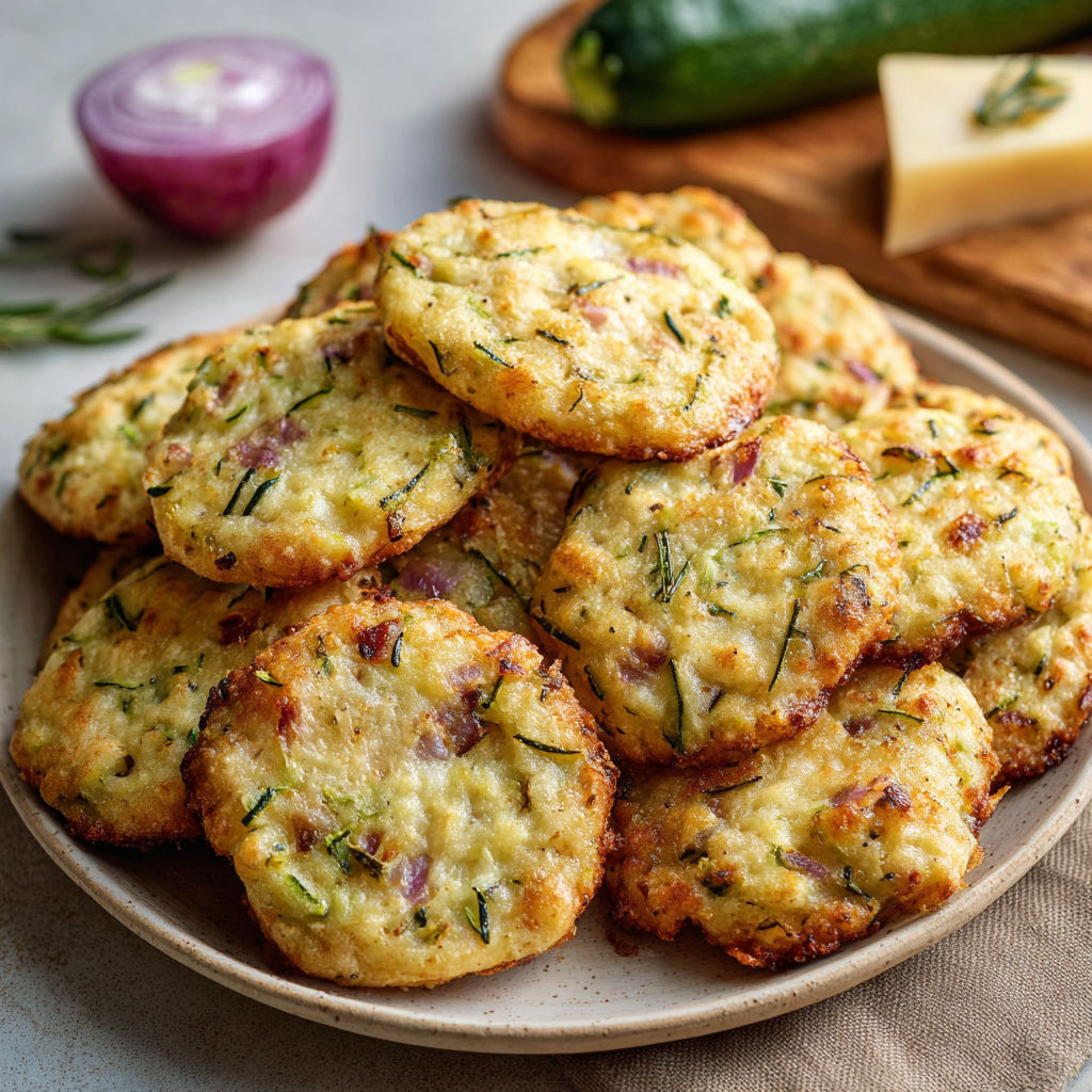 Une pile de biscuits de pâte à tarte, avec des légumes verts et du fromage.