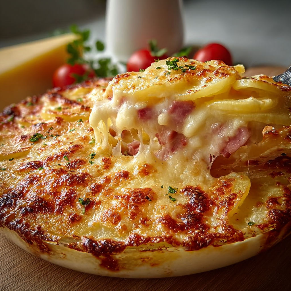 Gratin doré de pommes de terre et jambon sous une croûte fondante de trois fromages.