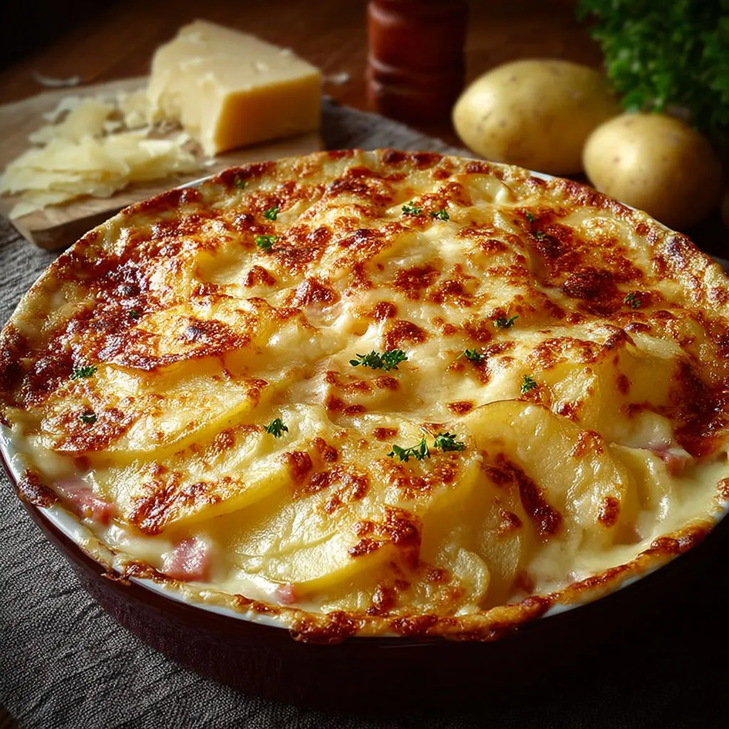 Un gratin de pommes de terre avec croûte de fromage dorée, pommes et fromage sur le dessus.