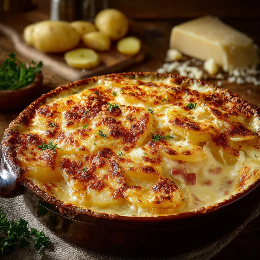Un gratin de pommes de terre fondant, recouvert de fromage râpé doré.