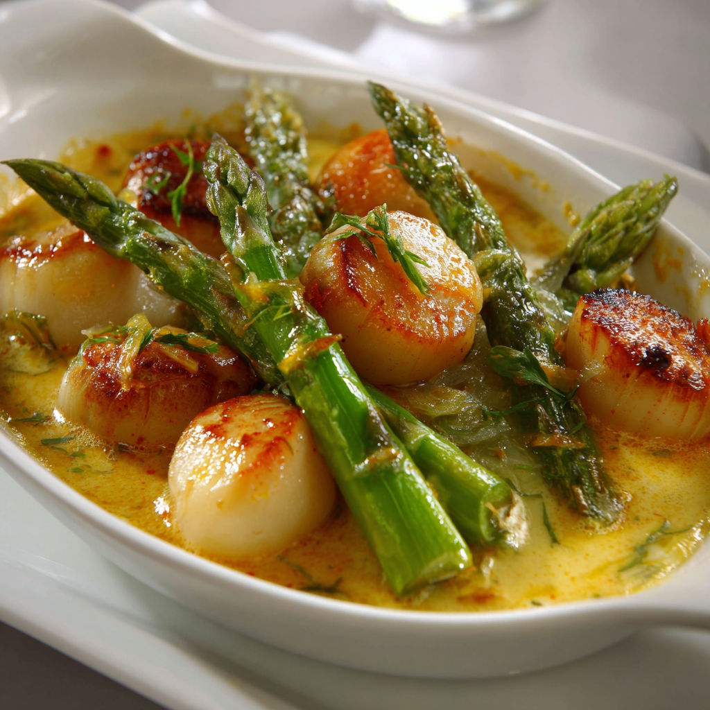 Un plat savoureux de Saint-Jacques et asperges sur une table élégante.