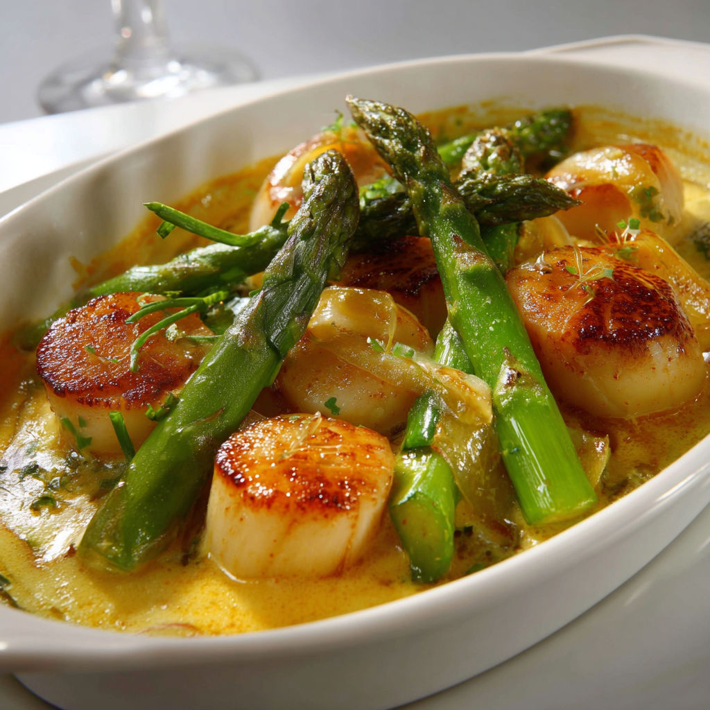 Un plat de bouillabaisse avec asperges, champignons et moules.