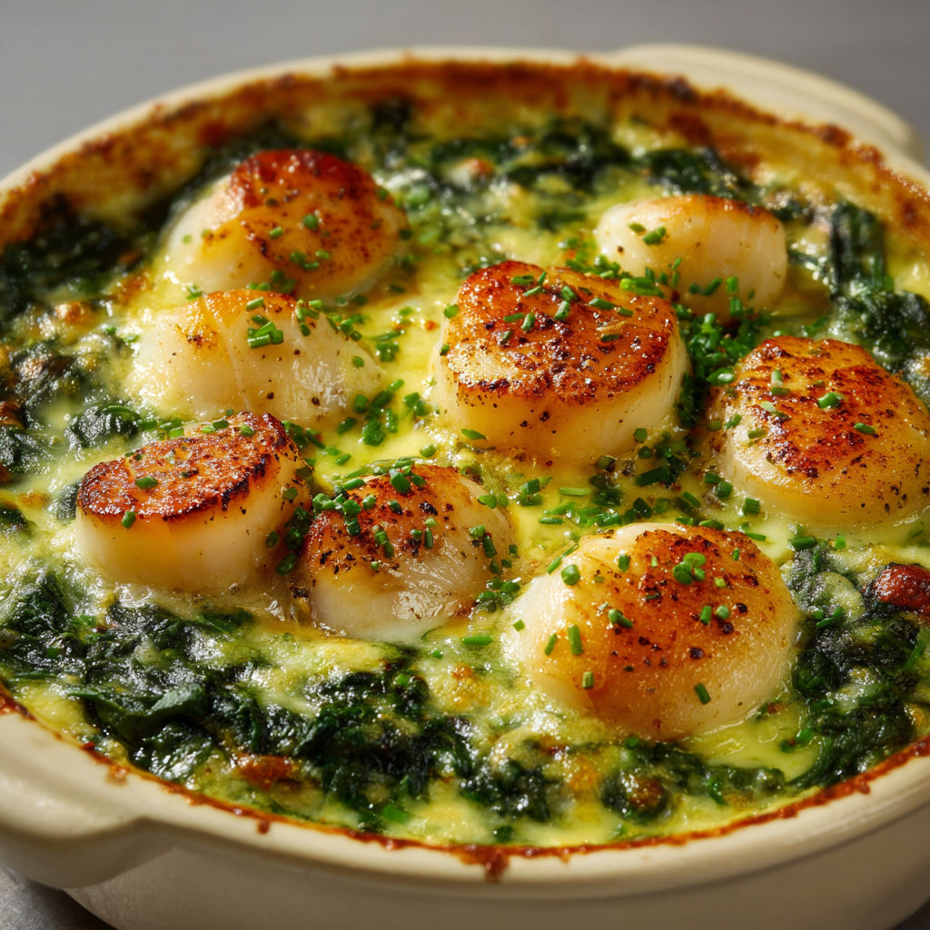 Un bol rustique rempli de Saint-Jacques avec épinards et sauce crémeuse.