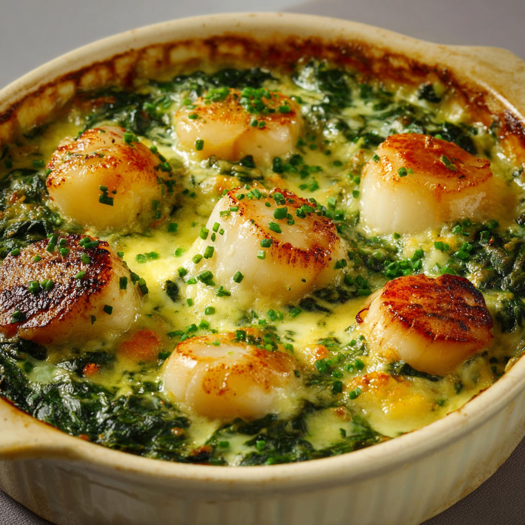 Saint-Jacques aux épinards servies dans un bol en terre cuite.