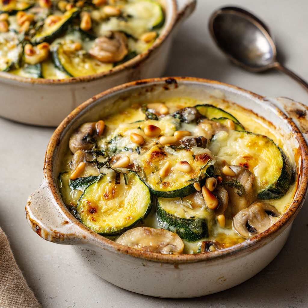 Courgettes gratinées aux champignons, fondantes et délicieuses.