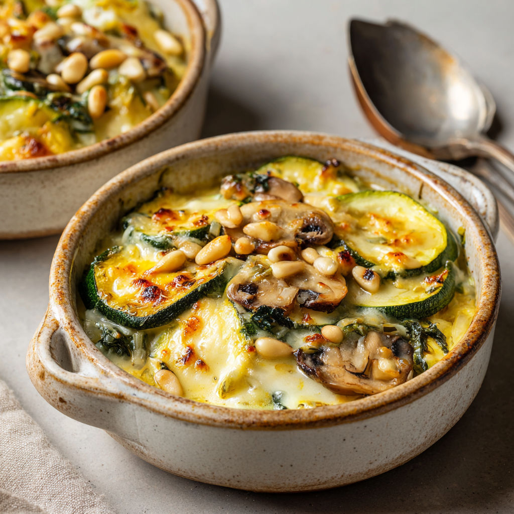 Des courgettes et des champignons servis dans une petite cocotte en céramique.