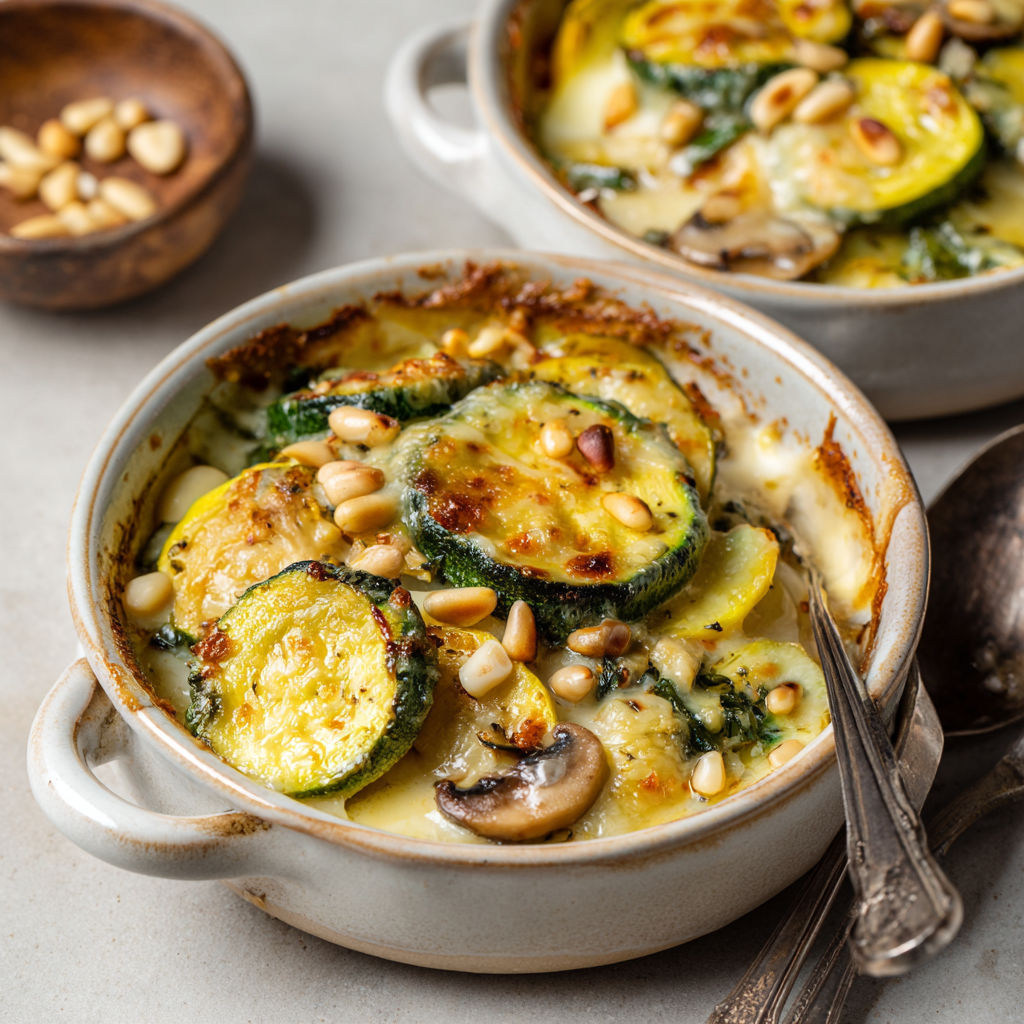 Cassolette de courgettes et noix de cajou dans une cocotte blanche.