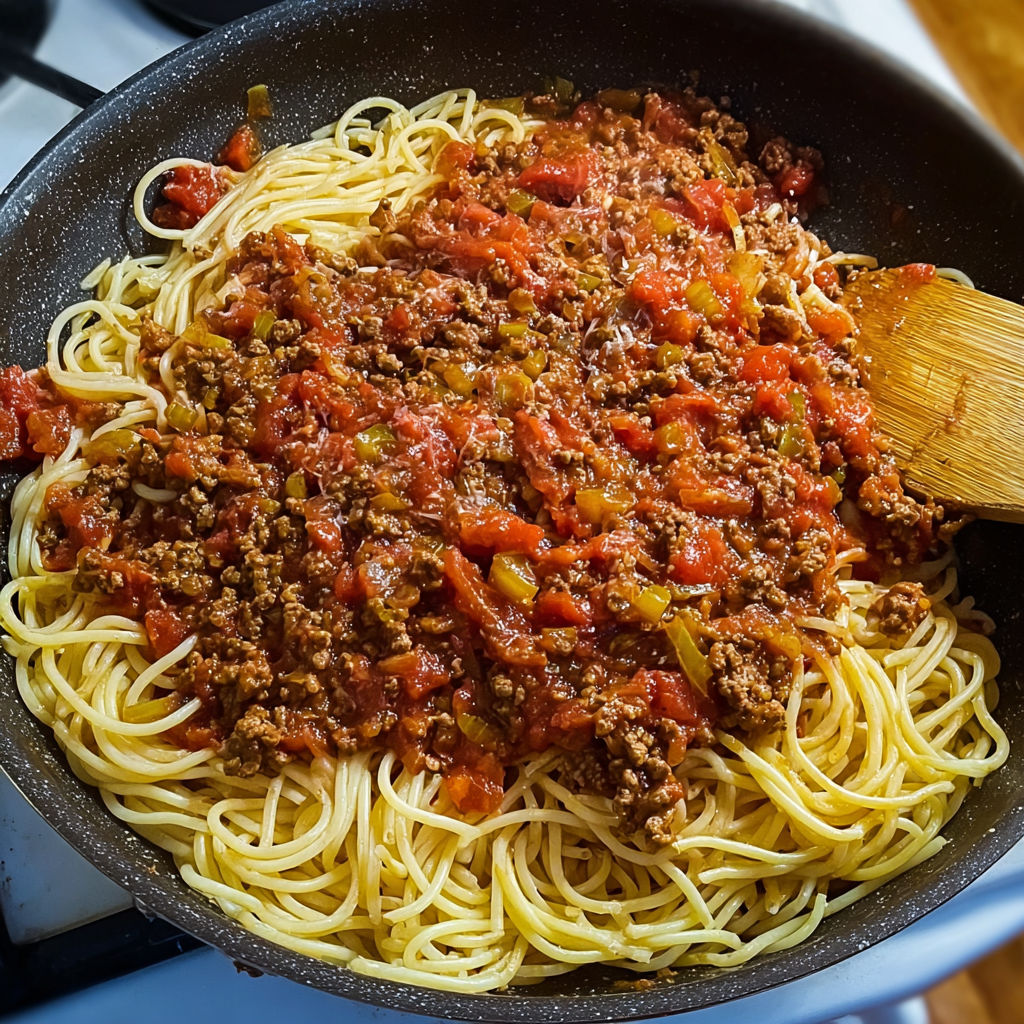 Un plat de spaghetti bolognaise prêt à être savouré.