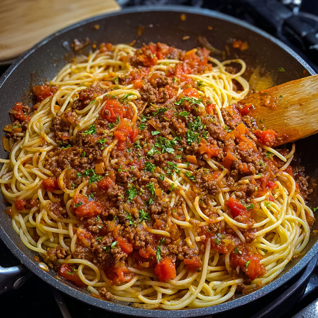 Spaghetti bolognaise servi dans un bol en métal.