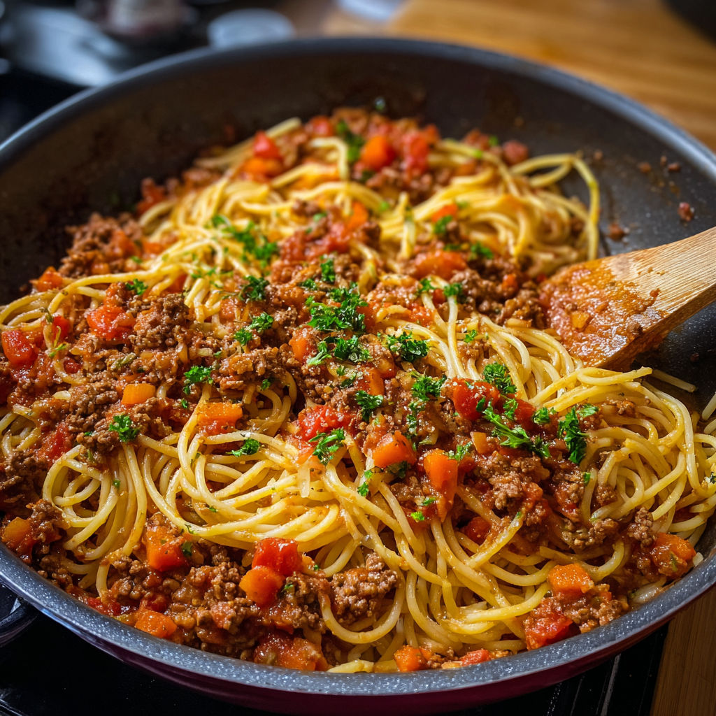 Spaghetti bolognaise servi dans un bol en métal.